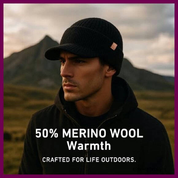 Merino Wool Winter Hat Fleece Lined Beanie with Brim Unisex Classic main image 6
